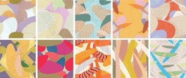 Soyut vektörsüz şablon ayarlandı. Organik grunge, üst üste binen dalgalı şekiller ve çizgiler. El yazısıyla çizilmiş pastel renkli arka plan. Çizgili noktalı yaprak formları. Düz tekstil kumaşı.