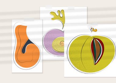 Gölge kaplamalı soyut el çizimi vektör çizimi poster. Çizgi sanatsal çizim ve doku. Retro düz renkler organik doğal tasarım. Organik sağlıklı vejetaryen karalaması..