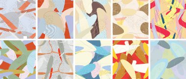 Soyut vektörsüz şablon ayarlandı. Organik grunge, üst üste binen dalgalı şekiller ve çizgiler. El yazısıyla çizilmiş pastel renkli arka plan. Çizgili noktalı yaprak formları. Düz tekstil kumaşı.