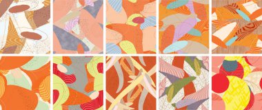 Soyut vektörsüz şablon ayarlandı. Organik grunge, üst üste binen dalgalı şekiller ve çizgiler. El yazısıyla çizilmiş pastel renkli arka plan. Çizgili noktalı yaprak formları. Düz tekstil kumaşı.