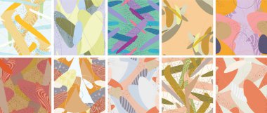 Soyut vektörsüz şablon ayarlandı. Organik grunge, üst üste binen dalgalı şekiller ve çizgiler. El yazısıyla çizilmiş pastel renkli arka plan. Çizgili noktalı yaprak formları. Düz tekstil kumaşı.