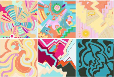 Sanatsal soyut vektör. Duvar yazısı tarzında süslü kıvrımlı posterler. Kübizm sanat tasarım elementleri. Modern mistik doğal ruhani fikir. El çiziminde gelecekçi geometri.