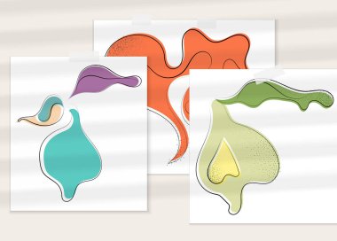 Gölge kaplamalı soyut el çizimi vektör çizimi poster. Çizgi sanatsal çizim ve doku. Retro düz renkler organik doğal tasarım. Organik sağlıklı vejetaryen karalaması..