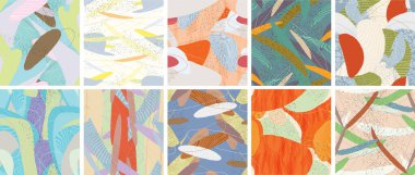 Soyut vektörsüz şablon ayarlandı. Organik grunge, üst üste binen dalgalı şekiller ve çizgiler. El yazısıyla çizilmiş pastel renkli arka plan. Çizgili noktalı yaprak formları. Düz tekstil kumaşı.