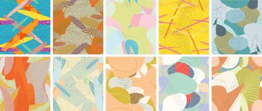 Soyut vektörsüz şablon ayarlandı. Organik grunge, üst üste binen dalgalı şekiller ve çizgiler. El yazısıyla çizilmiş pastel renkli arka plan. Çizgili noktalı yaprak formları. Düz tekstil kumaşı.