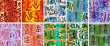 Vektörsüz şablon ayarlandı. Organik Matisse şekilleri. Doğal toprak renginde çiçek sualtı yaşamı. Soyut deniz yosunu kamuflaj arka planı. Moda dalgalı geometri. Rastgele katmanlanmış el çizimi sanat.