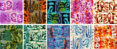 Vektörsüz şablon ayarlandı. Organik Matisse şekilleri. Doğal toprak renginde çiçek sualtı yaşamı. Soyut deniz yosunu kamuflaj arka planı. Moda dalgalı geometri. Rastgele katmanlanmış el çizimi sanat.