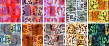 Vektörsüz şablon ayarlandı. Organik Matisse şekilleri. Doğal toprak renginde çiçek sualtı yaşamı. Soyut deniz yosunu kamuflaj arka planı. Moda dalgalı geometri. Rastgele katmanlanmış el çizimi sanat.