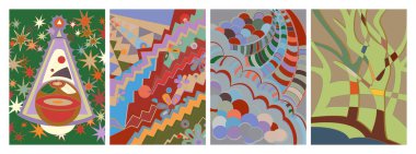 Sanatsal soyut vektör. Duvar yazısı tarzında süslü kıvrımlı posterler. Kübizm sanat tasarım elementleri. Modern mistik doğal ruhani fikir. El çiziminde gelecekçi geometri.