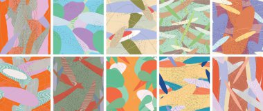 Soyut vektörsüz şablon ayarlandı. Organik grunge, üst üste binen dalgalı şekiller ve çizgiler. El yazısıyla çizilmiş pastel renkli arka plan. Çizgili noktalı yaprak formları. Düz tekstil kumaşı.