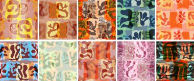 Vektörsüz şablon ayarlandı. Organik Matisse şekilleri. Doğal toprak renginde çiçek sualtı yaşamı. Soyut deniz yosunu kamuflaj arka planı. Moda dalgalı geometri. Rastgele katmanlanmış el çizimi sanat.