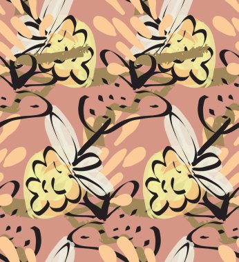 Elle çizilmiş karalamalarla soyut, pürüzsüz desen. İşaretli boya ile yapılmış parlak renkli karalamalar. Pürüzlü mürekkep damlaları ve çiçek bahçesi motifi. Sanatsal duvar kağıdı kaplama tasarımı.