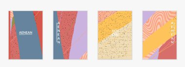 Minimum soyut vektör kaplama şablonu. Organik grunge, üst üste binen dalgalı şekiller ve çizgiler. El yazısıyla çizilmiş pastel renkli arka plan. Çizgili noktalı yaprak formları. Çağdaş tasarım.