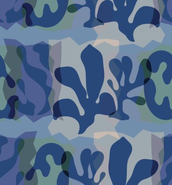 Organik Matisse şekillerinin kusursuz desenleri. Doğal toprak renkleri. Çiçekli sualtı yaşamı. Soyut deniz yosunu kamuflaj arka planı. Moda dalgalı geometri. Rastgele katmanlanmış el çizimi sanat.
