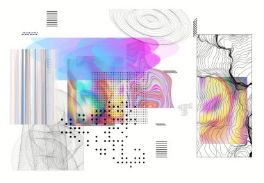 Geometrik bilim kurgu elementleriyle soyut sanat geçmişi. Sanal gerçekliğin yüksek teknolojili siber punk teknolojisi. Bilgisayar hologramla bilim modelleri üretti. Modern Gotik sanat seti tasarım seti.