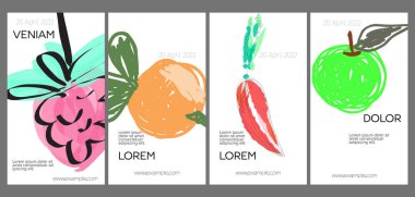 Sosyal medya taslağı, elle çizilmiş meyve ve karalamalarla birlikte. Pazarlama teknolojisi için minimum modern tasarım