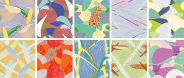 Soyut vektörsüz şablon ayarlandı. Organik grunge, üst üste binen dalgalı şekiller ve çizgiler. El yazısıyla çizilmiş pastel renkli arka plan. Çizgili noktalı yaprak formları. Düz tekstil kumaşı.