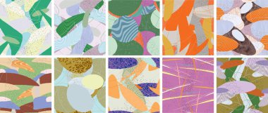 Soyut vektörsüz şablon ayarlandı. Organik grunge, üst üste binen dalgalı şekiller ve çizgiler. El yazısıyla çizilmiş pastel renkli arka plan. Çizgili noktalı yaprak formları. Düz tekstil kumaşı.