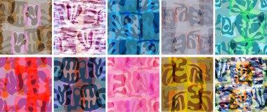 Vektörsüz şablon ayarlandı. Organik Matisse şekilleri. Doğal toprak renginde çiçek sualtı yaşamı. Soyut deniz yosunu kamuflaj arka planı. Moda dalgalı geometri. Rastgele katmanlanmış el çizimi sanat.