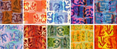 Vektörsüz şablon ayarlandı. Organik Matisse şekilleri. Doğal toprak renginde çiçek sualtı yaşamı. Soyut deniz yosunu kamuflaj arka planı. Moda dalgalı geometri. Rastgele katmanlanmış el çizimi sanat.