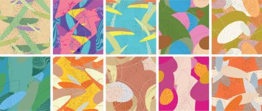 Soyut vektörsüz şablon ayarlandı. Organik grunge, üst üste binen dalgalı şekiller ve çizgiler. El yazısıyla çizilmiş pastel renkli arka plan. Çizgili noktalı yaprak formları. Düz tekstil kumaşı.