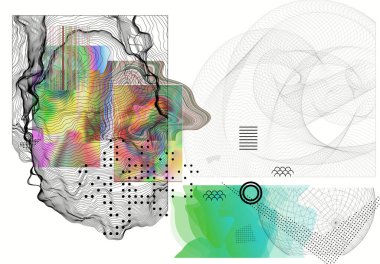 Geometrik bilim kurgu elementleriyle soyut sanat geçmişi. Sanal gerçekliğin yüksek teknolojili siber punk teknolojisi. Bilgisayar hologramla bilim modelleri üretti. Modern Gotik sanat seti tasarım seti.