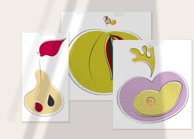 Gölge kaplamalı soyut el çizimi vektör çizimi poster. Çizgi sanatsal çizim ve doku. Retro düz renkler organik doğal tasarım. Organik sağlıklı vejetaryen karalaması..