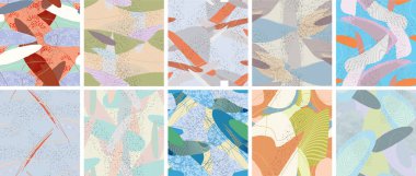 Soyut vektörsüz şablon ayarlandı. Organik grunge, üst üste binen dalgalı şekiller ve çizgiler. El yazısıyla çizilmiş pastel renkli arka plan. Çizgili noktalı yaprak formları. Düz tekstil kumaşı.