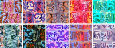 Vektörsüz şablon ayarlandı. Organik Matisse şekilleri. Doğal toprak renginde çiçek sualtı yaşamı. Soyut deniz yosunu kamuflaj arka planı. Moda dalgalı geometri. Rastgele katmanlanmış el çizimi sanat.