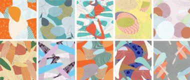 Soyut vektörsüz şablon ayarlandı. Organik grunge, üst üste binen dalgalı şekiller ve çizgiler. El yazısıyla çizilmiş pastel renkli arka plan. Çizgili noktalı yaprak formları. Düz tekstil kumaşı.