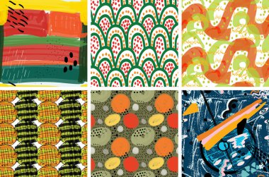 Sert fırça darbeleriyle kusursuz desen oluşturuldu. Parlak sanatsal boya dokusu. Kalem ve mürekkep lekeleri. Çocuklar çocuksu sanat eserleri çiziyor. Soyut evrensel duvar kağıdı veya ambalaj tasarımı.