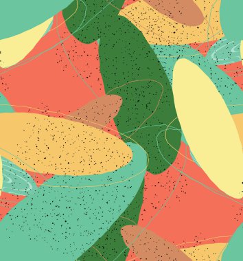 Soyut vektör kusursuz desen. Organik grunge, üst üste binen dalgalı şekiller ve çizgiler. El yazısıyla çizilmiş pastel renkli arka plan. Çizgili noktalı yaprak formları. Düz tekstil kumaşı. 