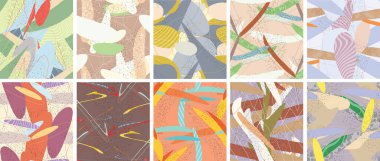 Soyut vektörsüz şablon ayarlandı. Organik grunge, üst üste binen dalgalı şekiller ve çizgiler. El yazısıyla çizilmiş pastel renkli arka plan. Çizgili noktalı yaprak formları. Düz tekstil kumaşı.