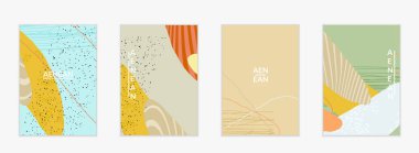 Retro hipster sanat baskısı ya da poster tasarımı. Dalgalı karışık şekiller. Üst üste çizilmiş el dokusu. Çizgiler, noktalar ve karalamalar egzotik tropikal arka plan yaratır. Doğal organik renkler.