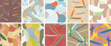 Soyut vektörsüz şablon ayarlandı. Organik grunge, üst üste binen dalgalı şekiller ve çizgiler. El yazısıyla çizilmiş pastel renkli arka plan. Çizgili noktalı yaprak formları. Düz tekstil kumaşı.