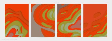 Soyut üç boyutlu kağıt, sanatı keser. Dalgalı kağıt işçiliğiyle renkli bir arka plan. Sanatsal vektör gerçekçi gölgeli şekilleri kesiyor. Parlak oyma dokusu. Topografi yardım taklidi.