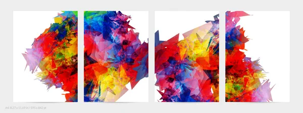 Beyaz zemin üzerinde çokgen rastgele şekiller olan soyut parlak renkli şablon. Renk patlamaları sanatsal sınır oluşturur. Modern asgari geometrik bayrak tasarımı.