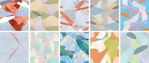 Soyut vektörsüz şablon ayarlandı. Organik grunge, üst üste binen dalgalı şekiller ve çizgiler. El yazısıyla çizilmiş pastel renkli arka plan. Çizgili noktalı yaprak formları. Düz tekstil kumaşı.