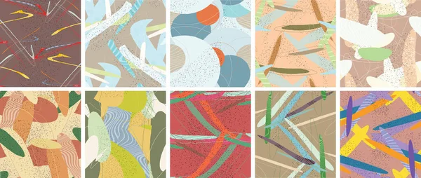 Soyut vektörsüz şablon ayarlandı. Organik grunge, üst üste binen dalgalı şekiller ve çizgiler. El yazısıyla çizilmiş pastel renkli arka plan. Çizgili noktalı yaprak formları. Düz tekstil kumaşı.