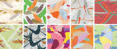 Soyut vektörsüz şablon ayarlandı. Organik grunge, üst üste binen dalgalı şekiller ve çizgiler. El yazısıyla çizilmiş pastel renkli arka plan. Çizgili noktalı yaprak formları. Düz tekstil kumaşı.