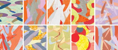 Soyut vektörsüz şablon ayarlandı. Organik grunge, üst üste binen dalgalı şekiller ve çizgiler. El yazısıyla çizilmiş pastel renkli arka plan. Çizgili noktalı yaprak formları. Düz tekstil kumaşı.