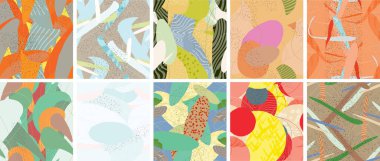 Soyut vektörsüz şablon ayarlandı. Organik grunge, üst üste binen dalgalı şekiller ve çizgiler. El yazısıyla çizilmiş pastel renkli arka plan. Çizgili noktalı yaprak formları. Düz tekstil kumaşı.