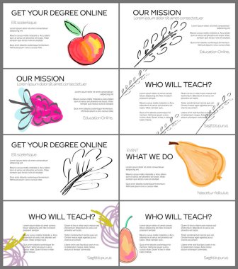 Elle çizilmiş meyve ve karalamalarla web sunum şablonu düzeni. Pazarlama teknolojisi için minimum modern tasarım