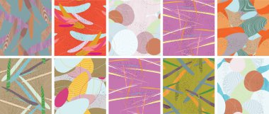 Soyut vektörsüz şablon ayarlandı. Organik grunge, üst üste binen dalgalı şekiller ve çizgiler. El yazısıyla çizilmiş pastel renkli arka plan. Çizgili noktalı yaprak formları. Düz tekstil kumaşı.