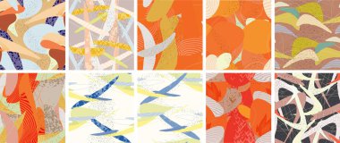 Soyut vektörsüz şablon ayarlandı. Organik grunge, üst üste binen dalgalı şekiller ve çizgiler. El yazısıyla çizilmiş pastel renkli arka plan. Çizgili noktalı yaprak formları. Düz tekstil kumaşı.