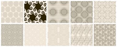 Kusursuz vektör deseni ayarlandı. Soyut basit geometrik doku. Eski sarı kağıtta koyu kahverengi. Geriye dönük ince çizgiler. Modern kafes grafik tasarımı.