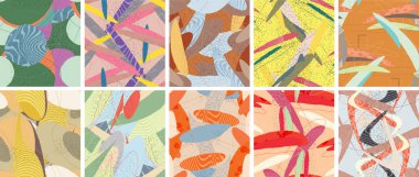 Soyut vektörsüz şablon ayarlandı. Organik grunge, üst üste binen dalgalı şekiller ve çizgiler. El yazısıyla çizilmiş pastel renkli arka plan. Çizgili noktalı yaprak formları. Düz tekstil kumaşı.