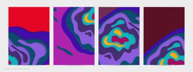 Soyut üç boyutlu kağıt, sanatı keser. Dalgalı kağıt işçiliğiyle renkli bir arka plan. Sanatsal vektör gerçekçi gölgeli şekilleri kesiyor. Parlak oyma dokusu. Topografi yardım taklidi.