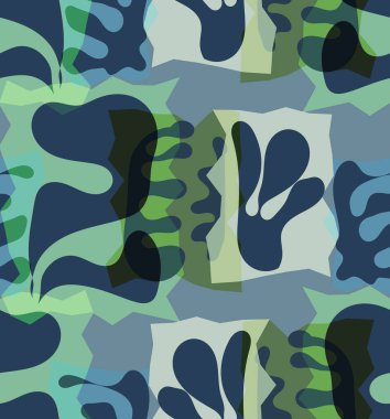 Organik Matisse şekillerinin kusursuz desenleri. Doğal toprak renkleri. Çiçekli sualtı yaşamı. Soyut deniz yosunu kamuflaj arka planı. Moda dalgalı geometri. Rastgele katmanlanmış el çizimi sanat.