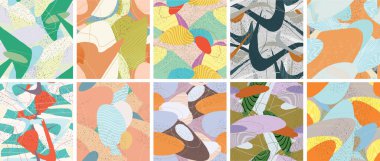 Soyut vektörsüz şablon ayarlandı. Organik grunge, üst üste binen dalgalı şekiller ve çizgiler. El yazısıyla çizilmiş pastel renkli arka plan. Çizgili noktalı yaprak formları. Düz tekstil kumaşı.